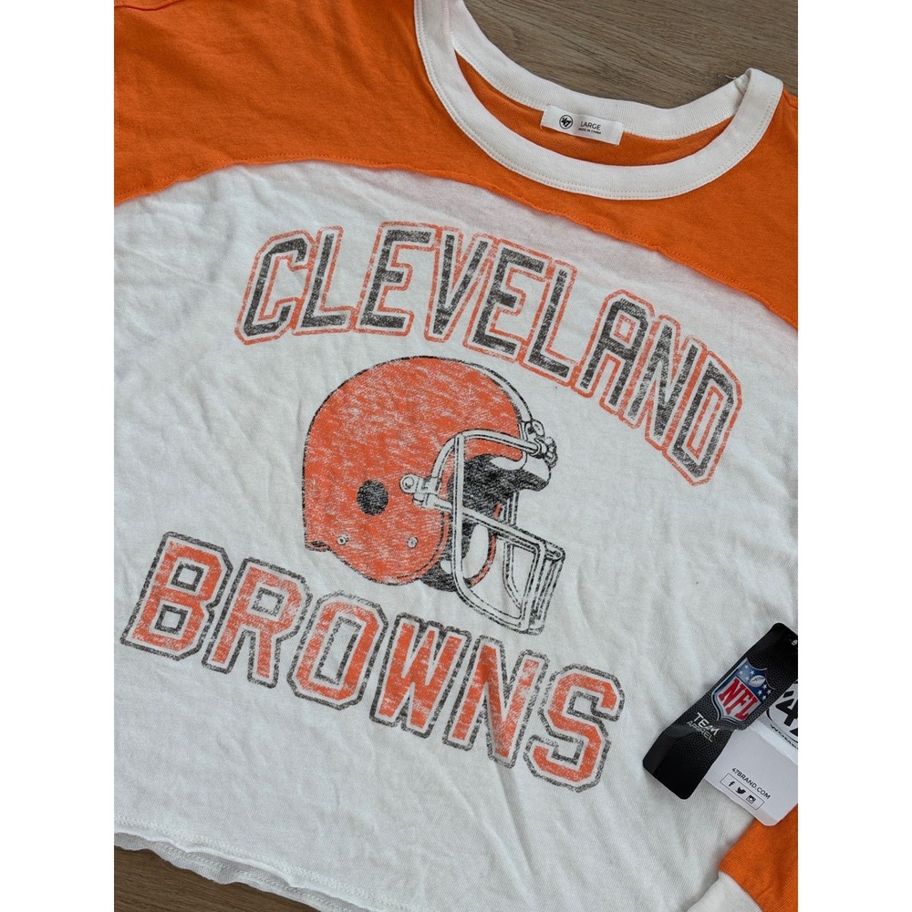 NWT Women's 47 Brand Cleveland Browns Raw Hem Cropped LS Tee -Large-White/Orange - Picture 2 of 6